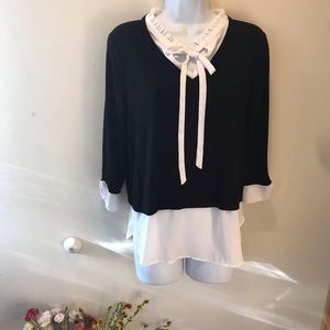 y2k Elle tie bow detail top long sleeves M black and white